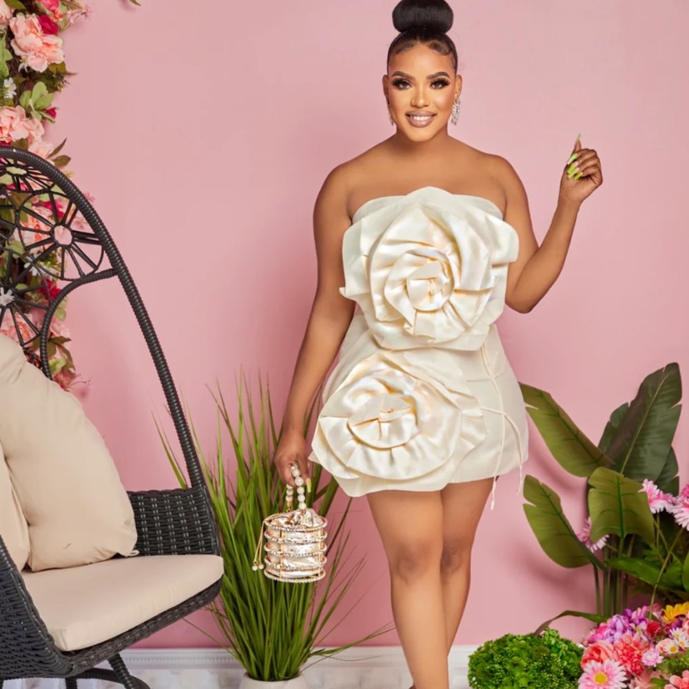 Strapless Mini Dress w/ 3D Flower